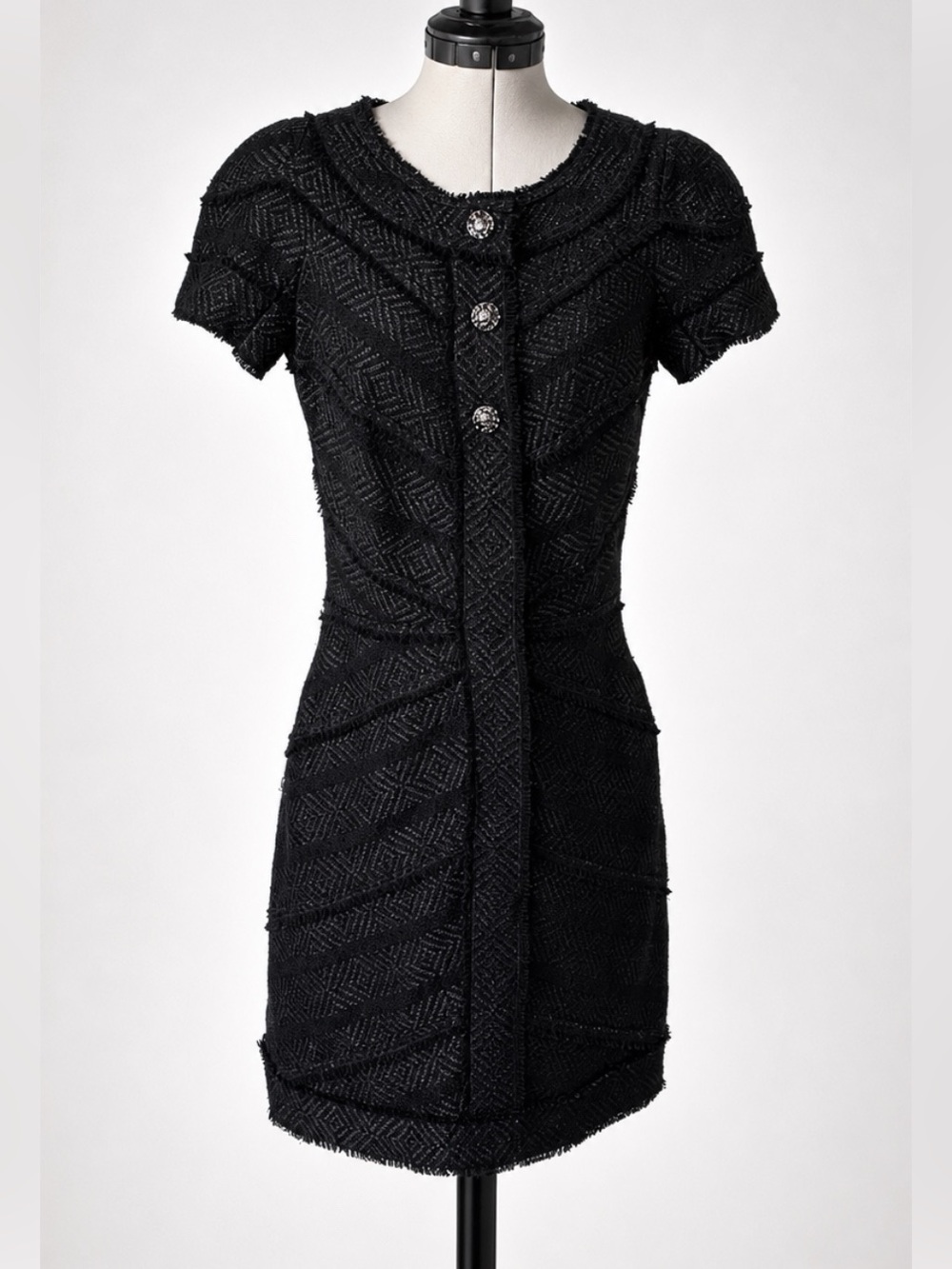 CHANEL ‘08 Tweed Short-Sleeve Mini, Chevron pattern, CC Buttons, 36, EUC